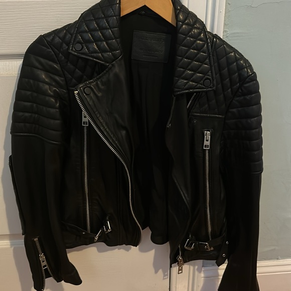 All Saints Black Leather Biker Jacket with Quilted Shoulders (Papin) - Picture 10 of 11